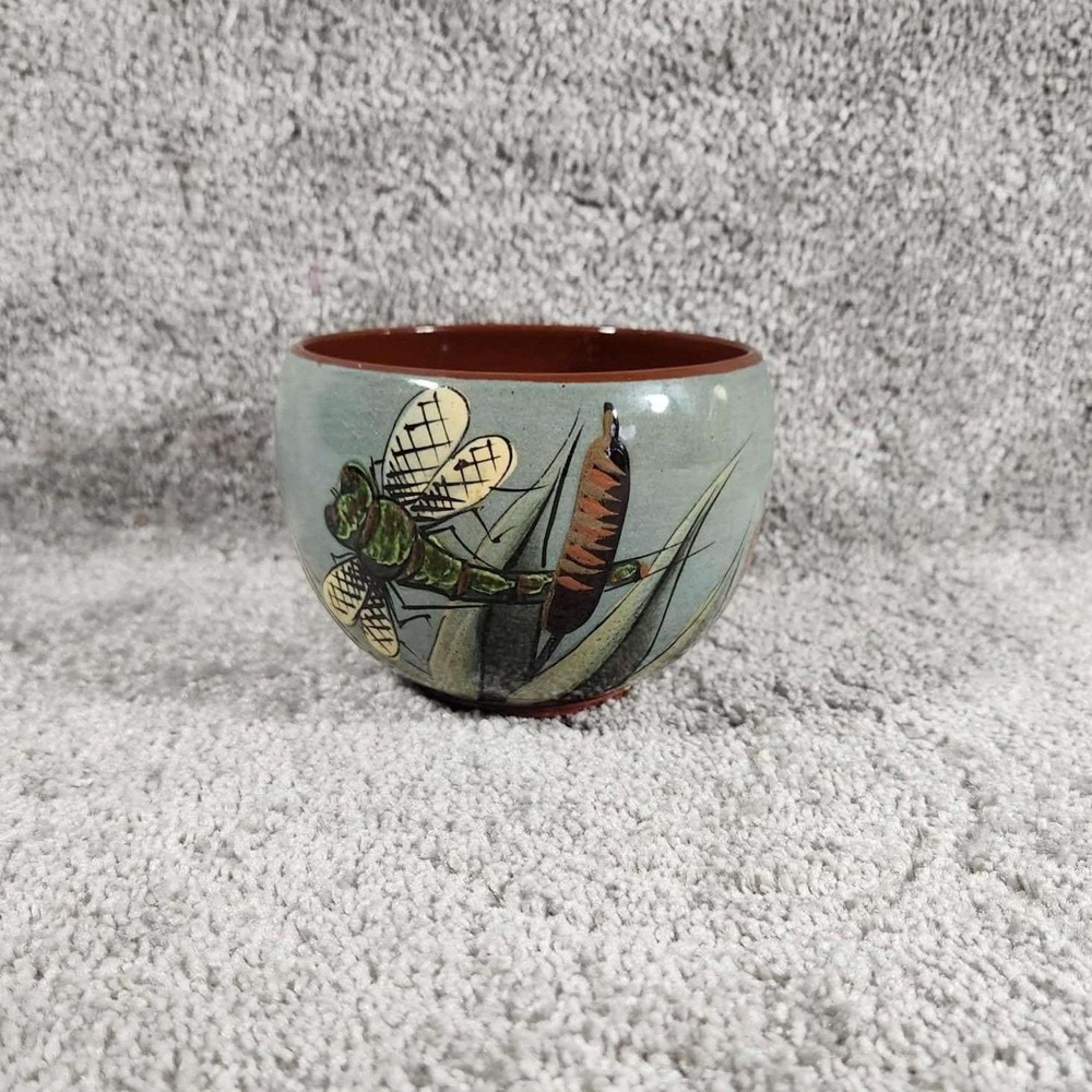 Studio Pottery‎ Dragonfly Cattail Ceramic Bowl Blue Terracotta Signed Small
